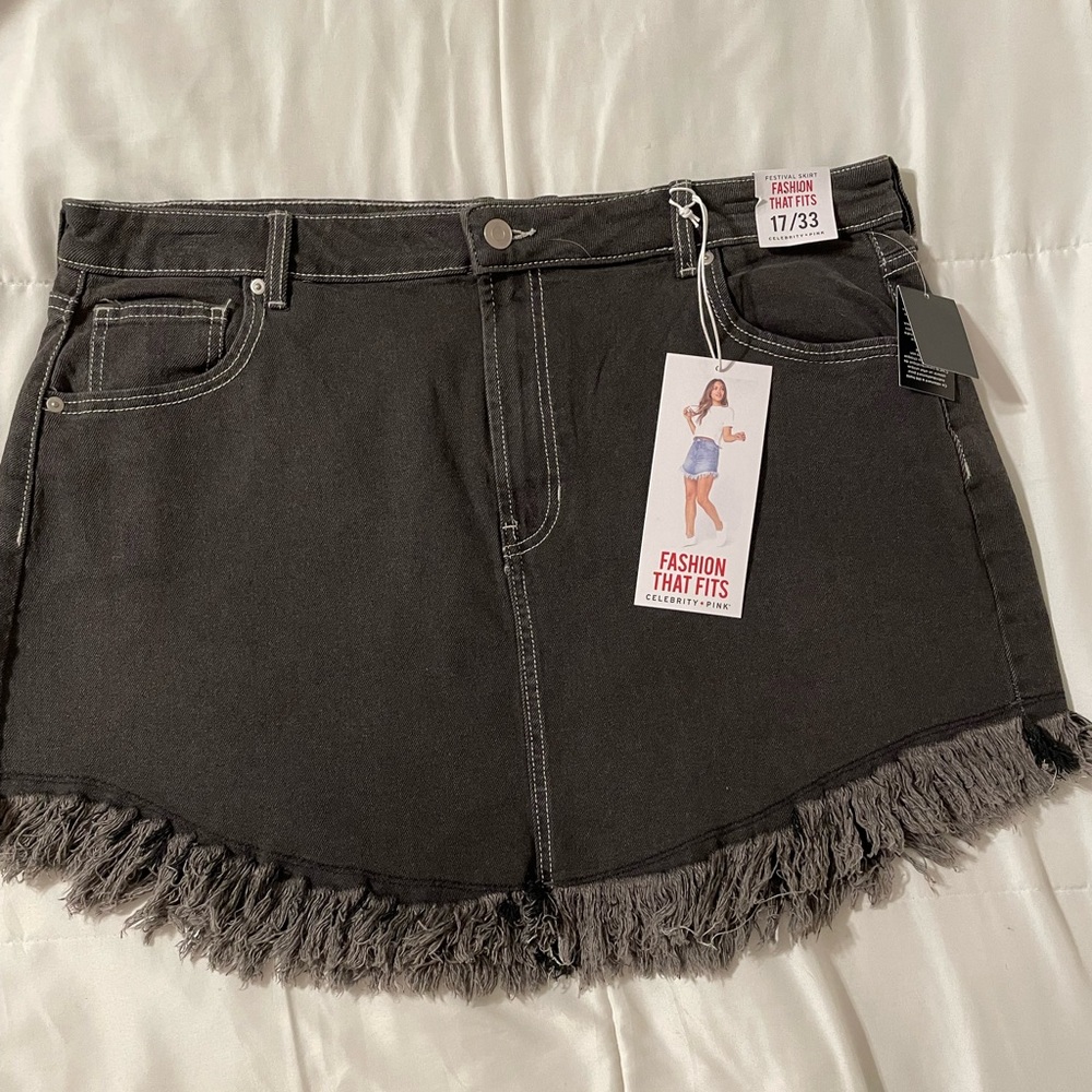 Celebrity Pink light black fringed denim mini skirt, size 17 - NWT